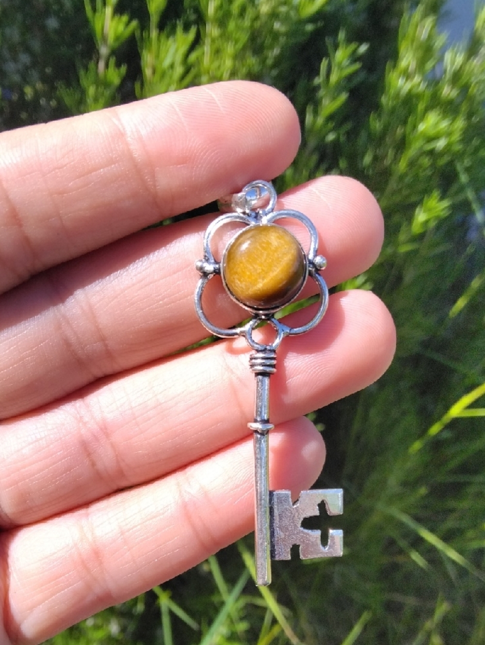 Amazing Tiger Eye Key Silver Plated Gemstone Necklace Pendant